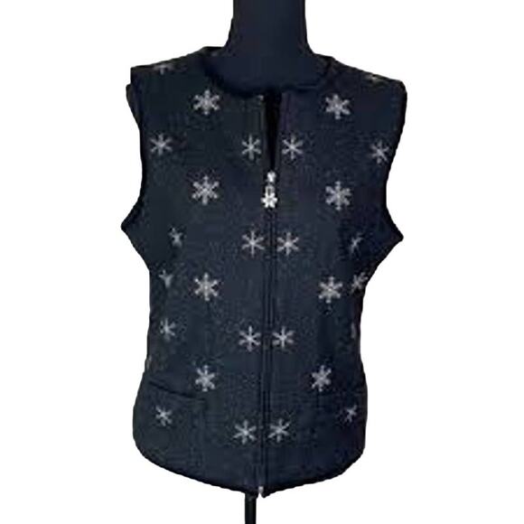 Talbot's Wool Blend Zip Front Vest Black Silver Snowflakes Petite Small EUC - Picture 1 of 6